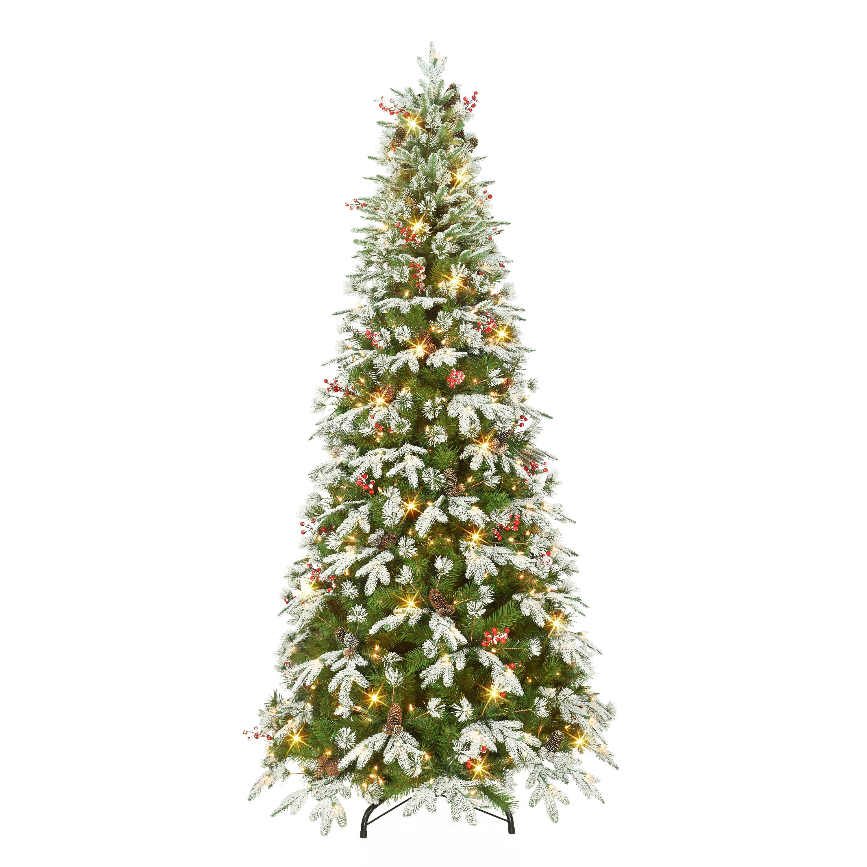 7.5 ft Pre-Lit Slim Fir Tree 1652 Tips Pinecones Red Berries 450 UL Clear Lights Metal Stand 1754SLA-T75C45